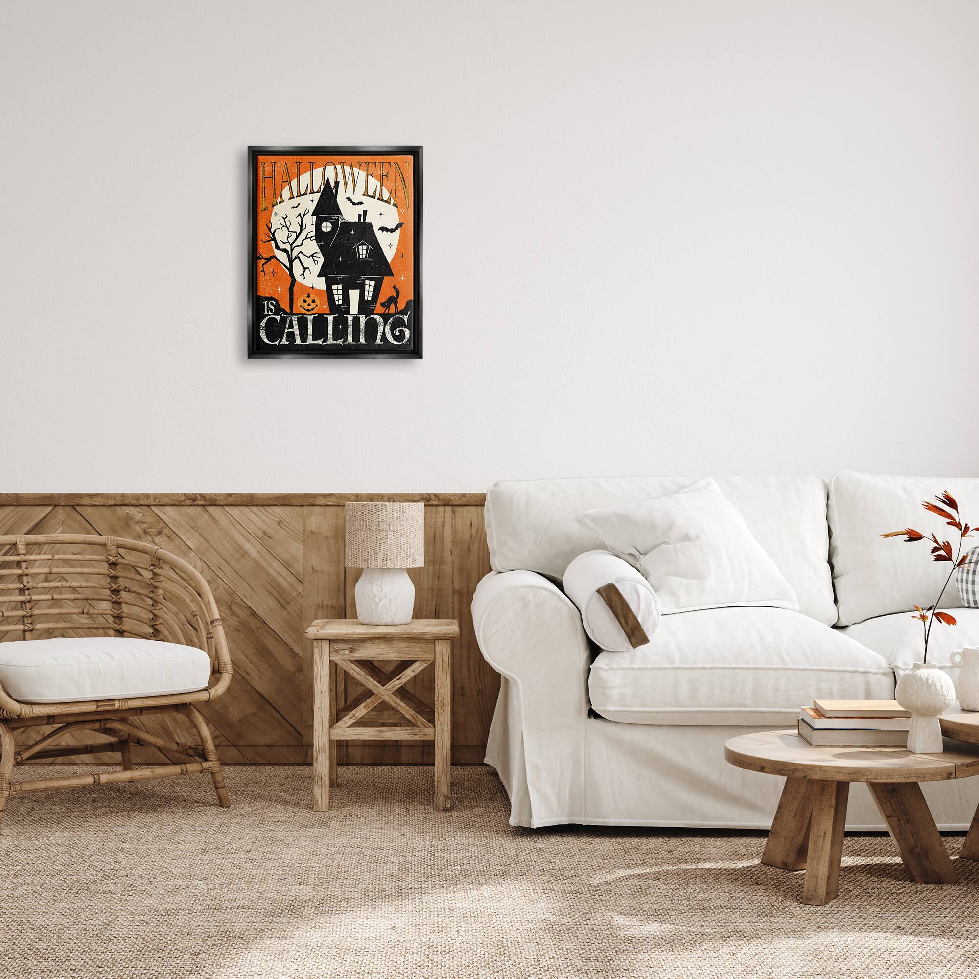 Stupell Industries Halloween Is Calling Haunted House Framed Floater Canvas Wall Art